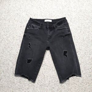 7/27 KanCan Mid Rise Distressed Raw Fray Hem Bermuda Shorts Black